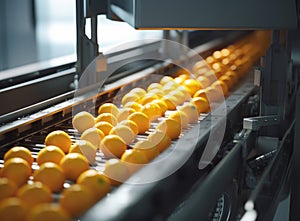 Fresh mandarin oranges on a conveyor belt, being sorted and processed in a factory for packaging.