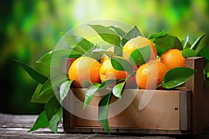 Fresh mandarin oranges fruit or tangerines with leaves in a box