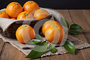 Fresh mandarin oranges fruit, tangerines with leaves in rattan basket on a cloth on wooden table. Fresh citrus fruits in rustic