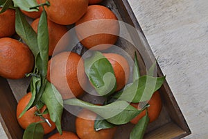 Fresh mandarin oranges fruit or tangerines with leaves on the wooden box on the table.