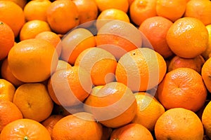 Fresh mandarin oranges for sale at fruit market. Tasty tangerine fruits are full of vitamins and minerals