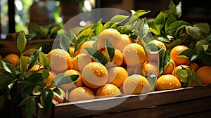 Fresh mandarin oranges or tangerines with leaves in a wooden box. AI Generated