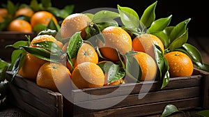 Fresh mandarin oranges or tangerines with leaves in a wooden box. AI Generated.