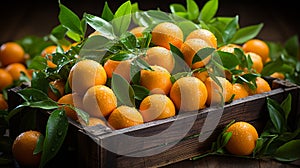 Fresh mandarin oranges or tangerines with leaves in a wooden box. AI Generated