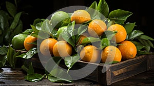 Fresh mandarin oranges or tangerines with leaves in a wooden box. AI Generated