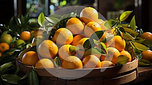 Fresh mandarin oranges or tangerines with leaves in a wooden box. AI Generated