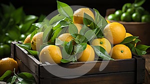 Fresh mandarin oranges or tangerines with leaves in a wooden box. AI Generated