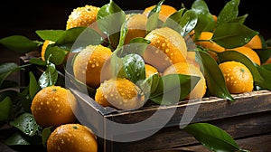 Fresh mandarin oranges or tangerines with leaves in a wooden box. AI Generated