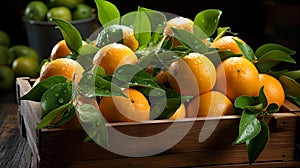 Fresh mandarin oranges or tangerines with leaves in a wooden box. AI Generated