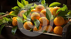 Fresh mandarin oranges or tangerines with leaves in a wooden box. AI Generated