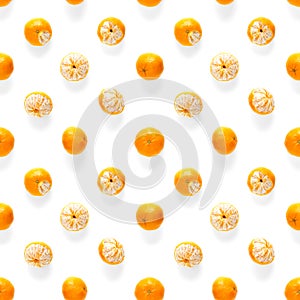 Fresh mandarine Seamles pattern. Ripe fruit tangerines seamless pattern. Fresh citrus isolated on white background pattern. Flat