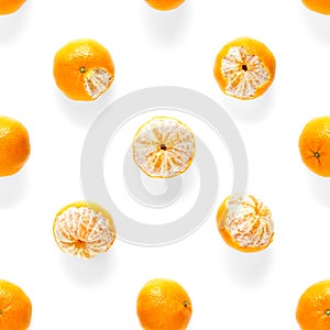 Fresh mandarine Seamles pattern. Ripe fruit tangerines seamless pattern. Fresh citrus isolated on white background pattern. Flat