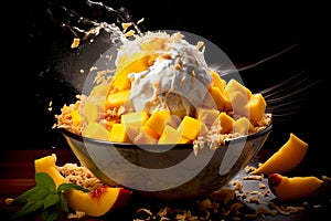 Fresh Mango Bingsu ice cream with sweet toppings korean shaved ice dessert Generative AI