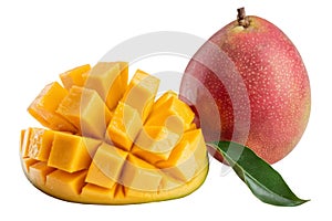 Fresh Mango Fruit Cut and Whole, Isolated on White