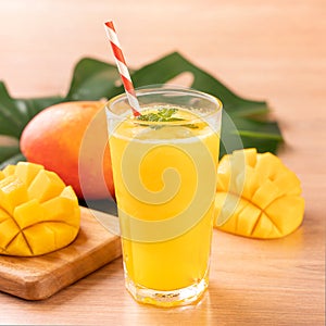 Fresh mango juice with beautiful chopped pulp flesh on bright wooden table background. Tropical fruit drink design concept. Close