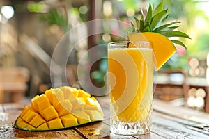 Fresh mango juice in glass, ripe fruit slice. Organic healthy food