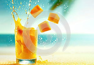 Fresh Mango Juice Splash, Tropical Scene in Background