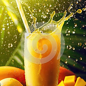 Fresh Mango Juice Splash, Tropical Scene in Background