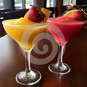 Fresh mango margaritas and fresh strawberry daiquiris. Summer tropical drink.