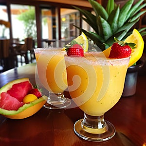 Fresh mango margaritas and fresh strawberry daiquiris. Summer tropical drink. photo