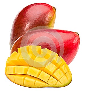 fresh mango with slices isolated on white background. exotic fruit. clipping path