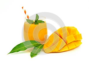 Fresh mango smoothies on white background.