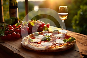 a fresh Margherita Pizza on a rustic table, with a vineyard in golden sunset light.