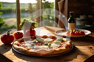 a fresh Margherita Pizza on a rustic table, with a vineyard in golden sunset light.