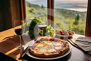 a fresh Margherita Pizza on a rustic table, with a vineyard in golden sunset light.