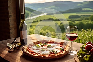 a fresh Margherita Pizza on a rustic table, with a vineyard in golden sunset light.