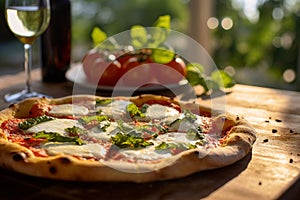 a fresh Margherita Pizza on a rustic table, with a vineyard in golden sunset light.