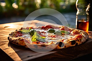 a fresh Margherita Pizza on a rustic table, with a vineyard in golden sunset light.