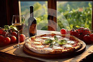 a fresh Margherita Pizza on a rustic table, with a vineyard in golden sunset light.