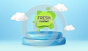 Fresh market food banner. Organic bio product tag. Winner podium 3d base. Vector