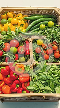 Fresh market produce tomatoes, lemon, lime, peppers in basket