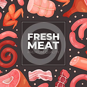 Fresh meat banner template. Butcher shop, farm market advertising, promotion poster, cover vector illustration
