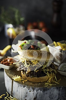 Fresh meat burger on wood with fries