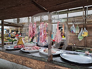 Fresh Meat on Butcher shop at Sadao Market in Thailand