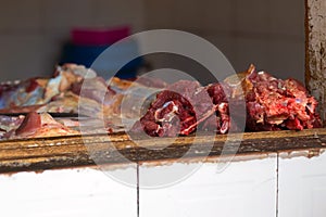 Fresh meat, flesh with bone selling at Mto wa Mbu village in Arusha, Tanzania, Africa