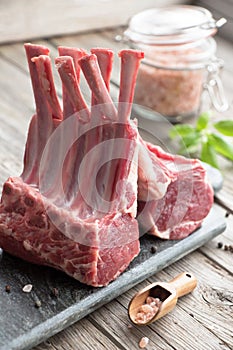 Fresh meat. Lamb ribs. Raw meat. Rustic style.