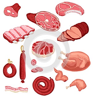 Fresh meat and sausage, salami and chicken, raw sliced pork tenderloin and cooked ham for barbeque meal and gourmet