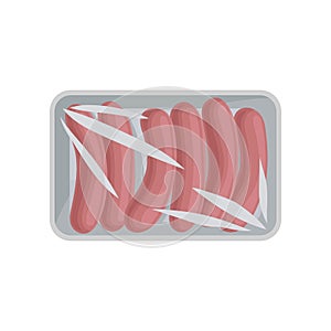 Fresh meat sausages packaging, food plastic tray container with transparent cellophane cover vector Illustration on a