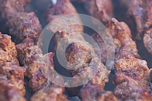 Fresh meat shish kebab fried and smoked on a charcoal grill.