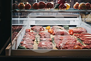Fresh meat and steaks at a stand in Mercato Metropolitano market photo