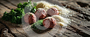 Fresh meatball ingredients on rustic wood.