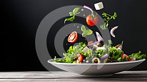 Fresh Mediterranean Delight: Vibrant Salad Composition Suspended in Mid-Air on a White Plate, adorne photo