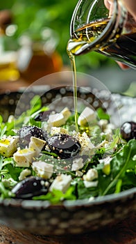 Fresh Mediterranean Salad with Spinach, Feta Cheese, Black Olives, and Olive Oil Pouring from Glass Bottle