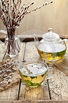 Fresh melissa tea in glass cup, teapot and willow twigs