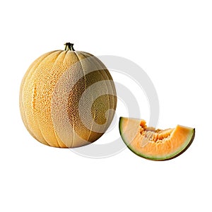 Fresh melon fruit. Whole ripe fruit and piece isolated. Healthy diet. Vegetarian food