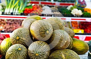 Fresh melons in supermarket
